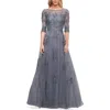 La Femme Lace And Tulle A-line Gown With Three Quarter Sleeves In Slate