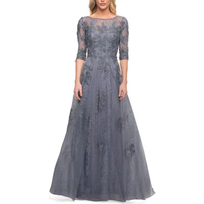 La Femme Lace And Tulle A-line Gown With Three Quarter Sleeves In Slate