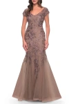 La Femme Lace And Tulle Mermaid Gown With Cap Sleeves In Cocoa