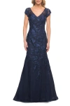 La Femme Lace And Tulle Mermaid Gown With Cap Sleeves In Navy