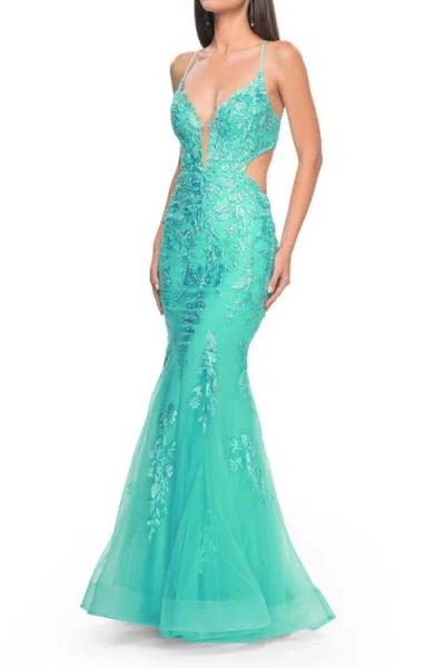 La Femme Lace And Tulle Mermaid Gown With Side Cut Outs