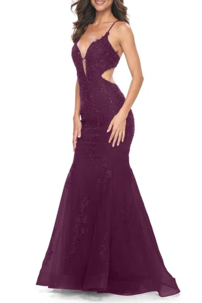 La Femme Lace And Tulle Mermaid Gown With Side Cut Outs In Dark Berry