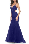 La Femme Lace And Tulle Mermaid Gown With Side Cut Outs In Marine Blue