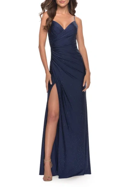 La Femme Lace Applique Sheer Back Rhinestone Jersey Dress