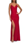 La Femme Lace Applique Sheer Back Rhinestone Jersey Dress In Red