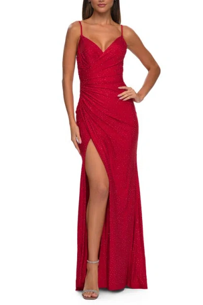 La Femme Lace Applique Sheer Back Rhinestone Jersey Dress