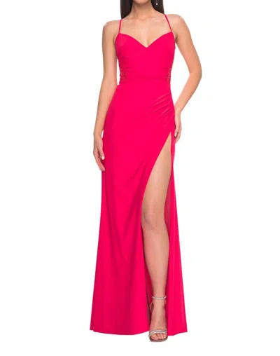 La Femme Lace Applique Sheer Side Panels Prom Dress In Hot Coral In Red