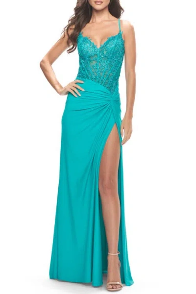 La Femme Lace Asymmetrical Gown With Jersey Skirt And Twist Knot Detail