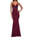 La Femme Lace Bodice And Illusion Waist Prom Dress In Dark Berry In Brown