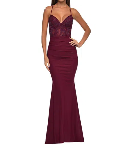 La Femme Lace Bodice And Illusion Waist Prom Dress In Dark Berry In Brown