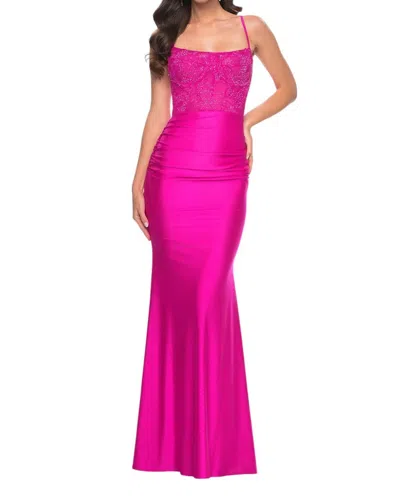La Femme Lace Bodice Fitted Prom Dress In Hot Fucshia In Pink
