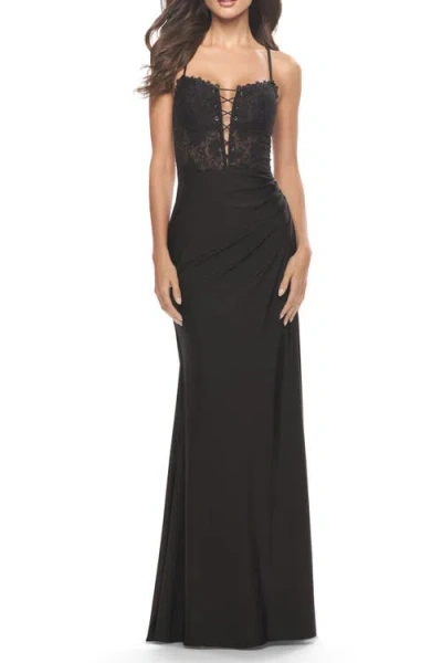 La Femme Lace Bodice With Tie Up Deep V Neckline Jersey Dress