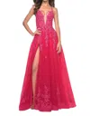 La Femme Lace-detailed A-line Prom Dress In Strawberry In Red