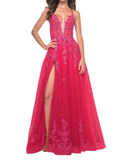 La Femme Lace-detailed A-line Prom Dress In Strawberry In Red