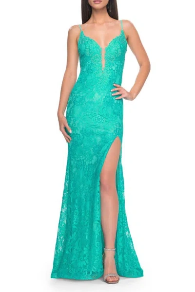 La Femme Lace Dress With Deep V-neck And Rhinestones In Aqua