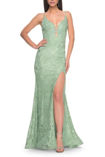 La Femme Lace Dress With Deep V-neck And Rhinestones In Sage