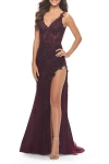 La Femme Lace Dress With High Side Slit And V Neckline In Dark Berry