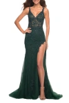 La Femme Lace Dress With High Side Slit And V Neckline In Emerald