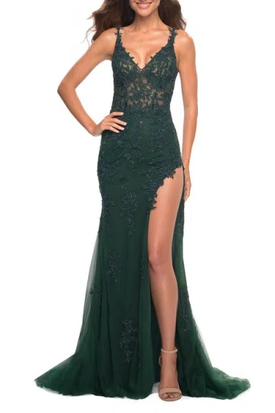La Femme Lace Dress With High Side Slit And V Neckline In Emerald