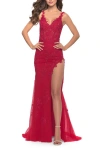 La Femme Lace Dress With High Side Slit And V Neckline In Red