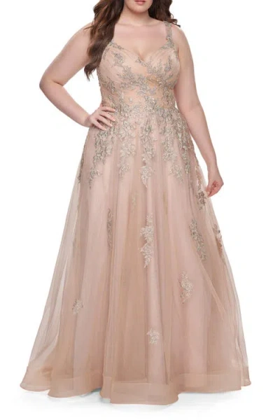 La Femme Lace Embellished Tulle A-line Dress With Illusion Back In Gold