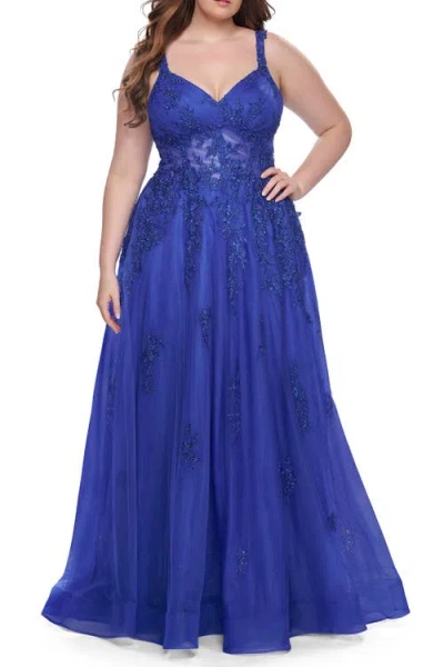 La Femme Lace Embellished Tulle A-line Dress With Illusion Back In Blue