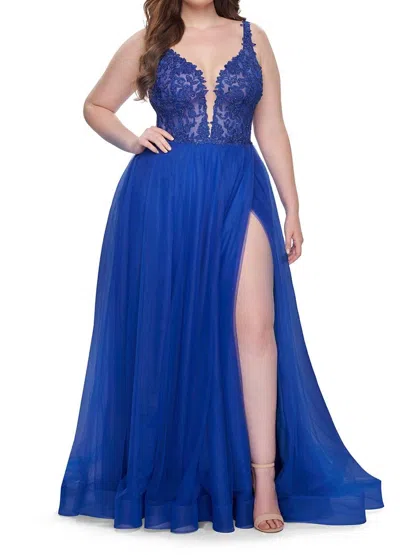 La Femme Lace Embroidered Plunging V-neckline A-line Gown In Royal In Blue