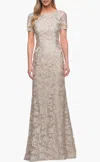 La Femme Lace Evening Dress In Champagne In Multi