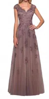 La Femme Lace Evening Dress In Cocoa In Brown