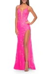 La Femme Lace Fitted Dress With Deep V-neckline And Lace Applique