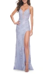 La Femme Stunning Long Prom Gown With Lace Lining In Light Periwinkle In Purple