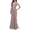 La Femme Lace Long Dress With High Side Slit And V-neckline In Silver