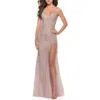 La Femme Lace Long Dress With High Side Slit And V-neckline In Neutral