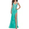 La Femme Lace Long Dress With High Side Slit And V Neckline In Aqua