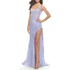 La Femme Lace Long Dress With High Side Slit And V Neckline In Light Periwinkle