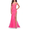 La Femme Lace Long Dress With High Side Slit And V Neckline In Neon Pink