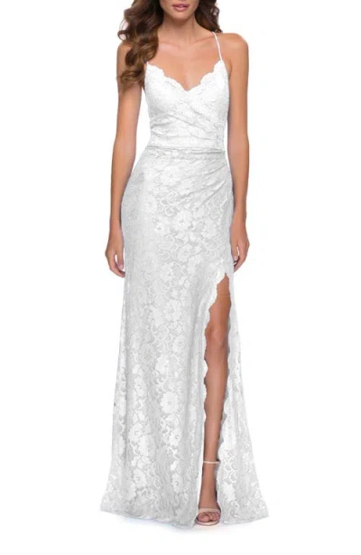 La Femme Lace Long Dress With Scallop Detail On Skirt Slit In Ivory