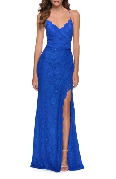 La Femme Lace Long Dress With Scallop Detail On Skirt Slit In Royal Blue