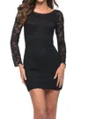 La Femme Lace Long Sleeve Mini Cocktail Dress In Black In Black