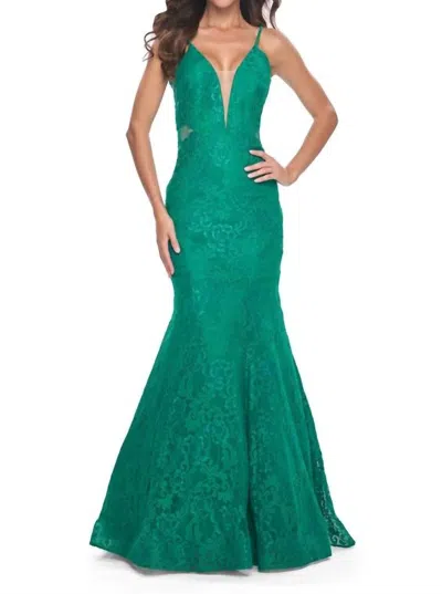 La Femme Long Mermaid Lace Dress With Back Rhinestone Detail In Jade