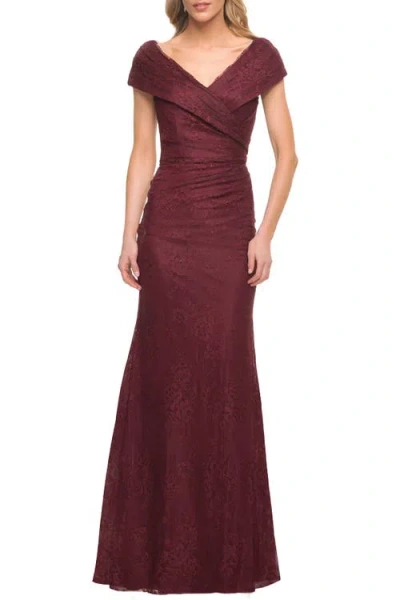 La Femme Lace Off The Shoulder Cap Sleeve Evening Dress In Burgundy