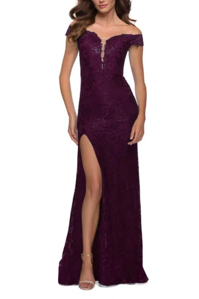 La Femme Lace Off The Shoulder Gown With Deep V Neckline In Dark Berry