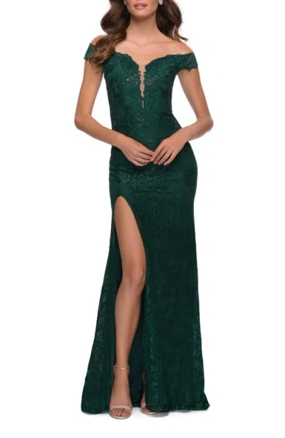 La Femme Lace Off The Shoulder Gown With Deep V Neckline In Emerald