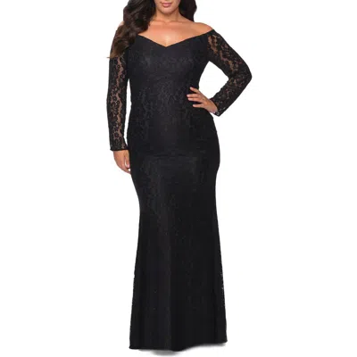 La Femme Lace Off The Shoulder Long Sleeve Plus Dress With Stones