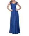 La Femme Lace Ornate Ruched Gown In Marine Blue In Blue