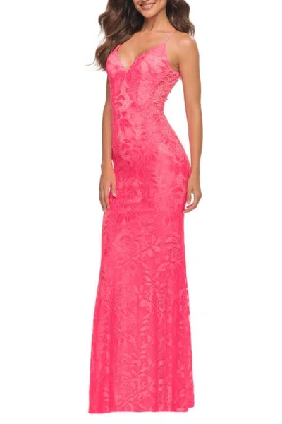 La Femme Lace Prom Dress With Illusion Embellished Sides In Neon Pink
