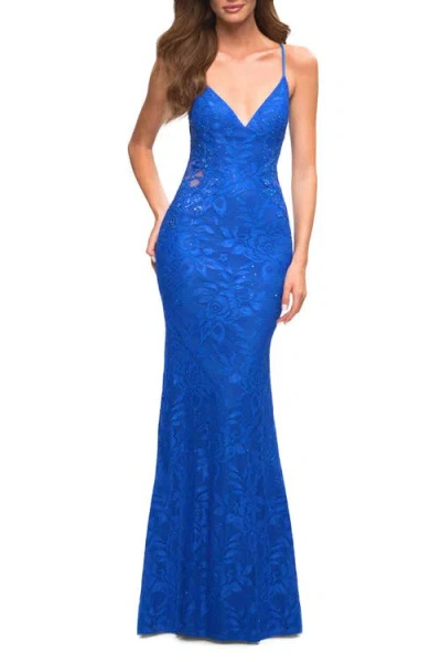 La Femme Lace Prom Dress With Illusion Embellished Sides In Royal Blue