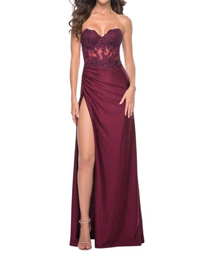 La Femme Lace Rhinestone Applique Top Prom Dress In Dark Berry In Burgundy