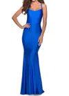 La Femme Lace Up Back Jersey Mermaid Gown In Blue