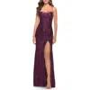 La Femme Lace Up Back Sequin Gown With Flare Skirt